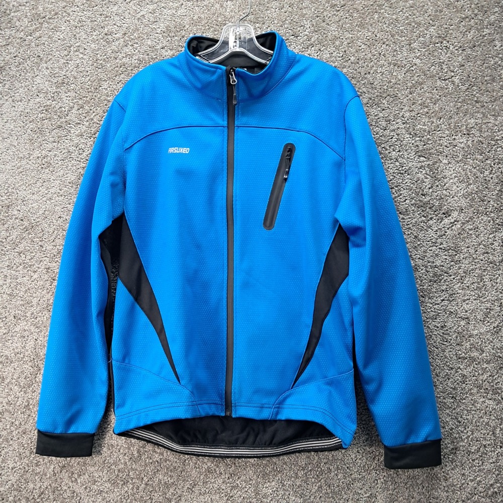 Arsuxeo Mens Blue Black Cycling Jacket Windproof‎ Reflective Full Zip Size L